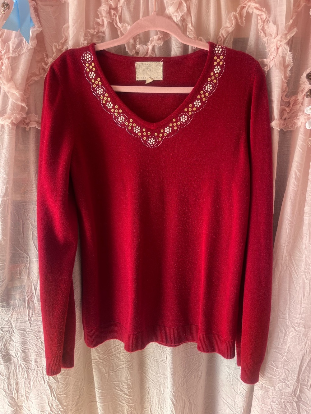 Debbie Morgan Red Embellished V-Neck Women’s Sweater